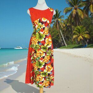 Penneys Hawaii Vintage Maxi Dress Red Floral Empire Waist